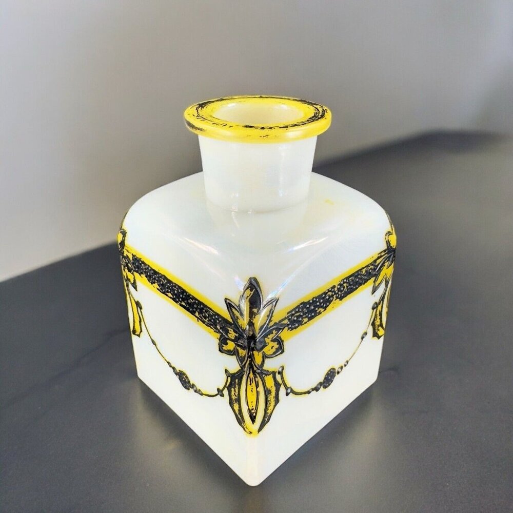 Antique Vanity Bottle Vase White Milk Glass Raised Hand Painted Bottle Decor VTG